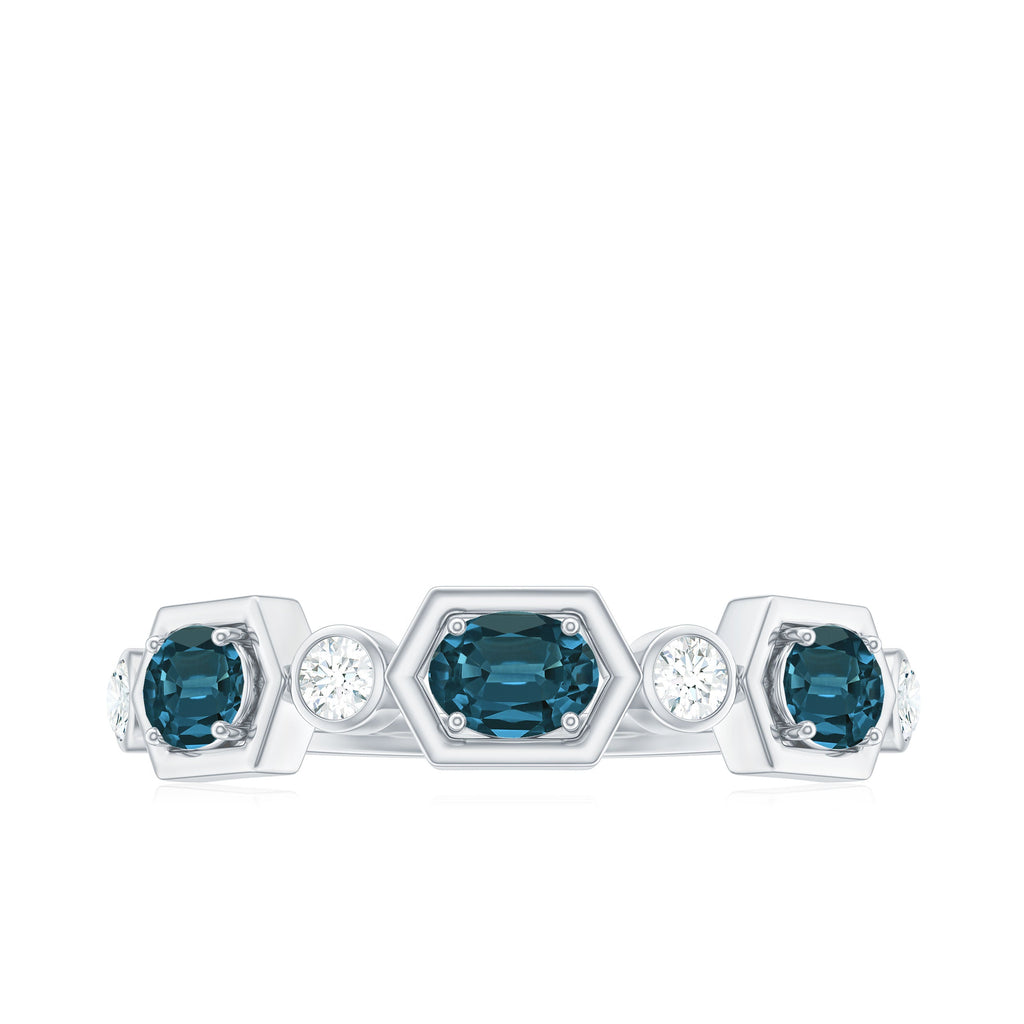 Real Certified London Blue Topaz Halft Eternity Band Ring with Diamond
