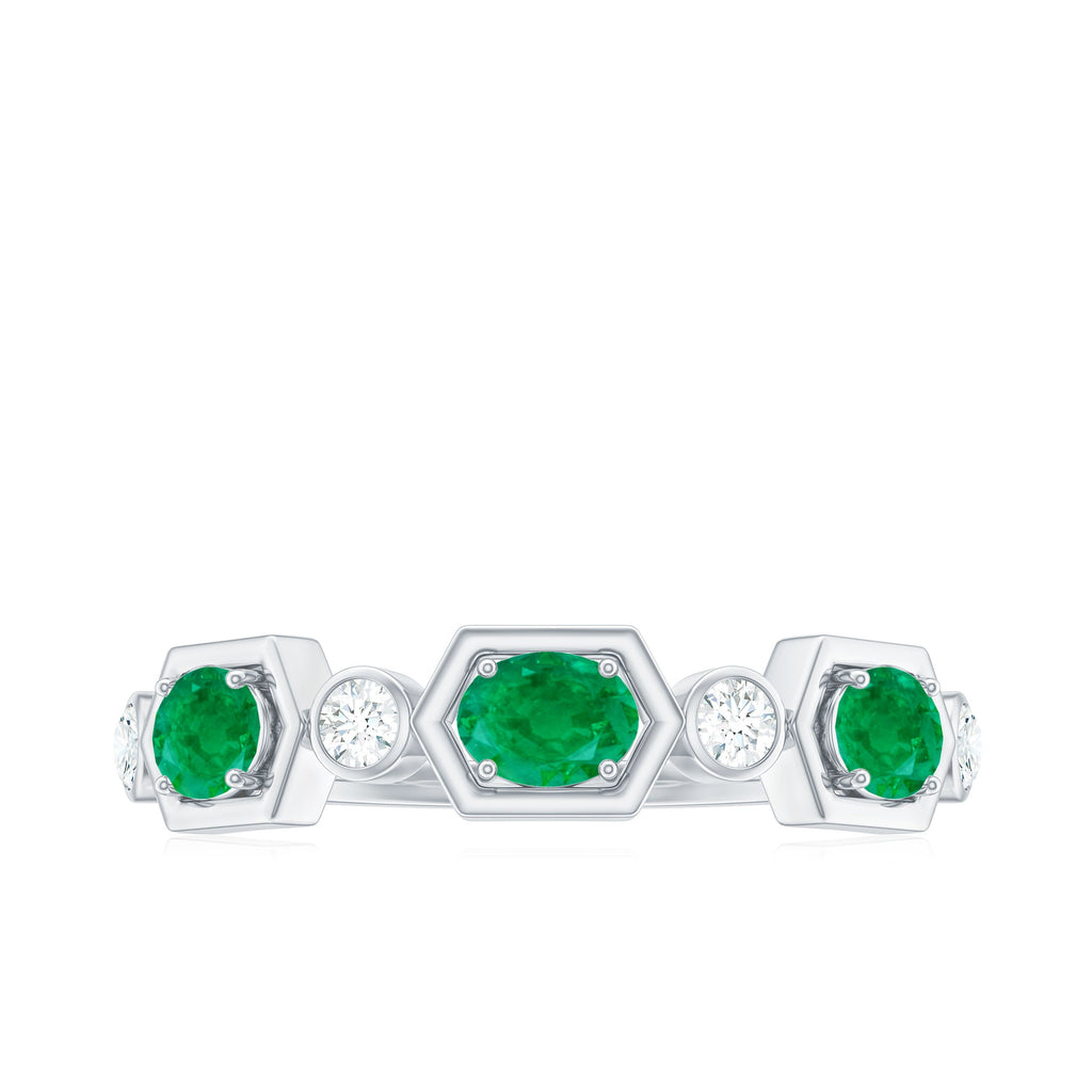 Classic Oval Emerald Diamond Half Eternity Band Ring in East West Style