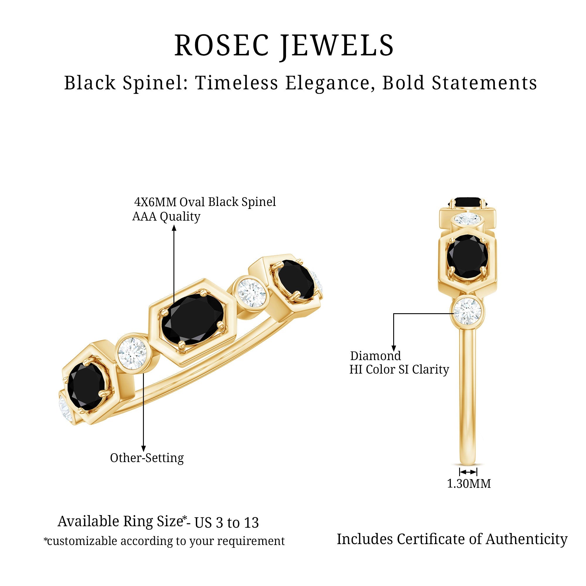 Real Black Spinel Diamond Half Eternity Ring in East West Style