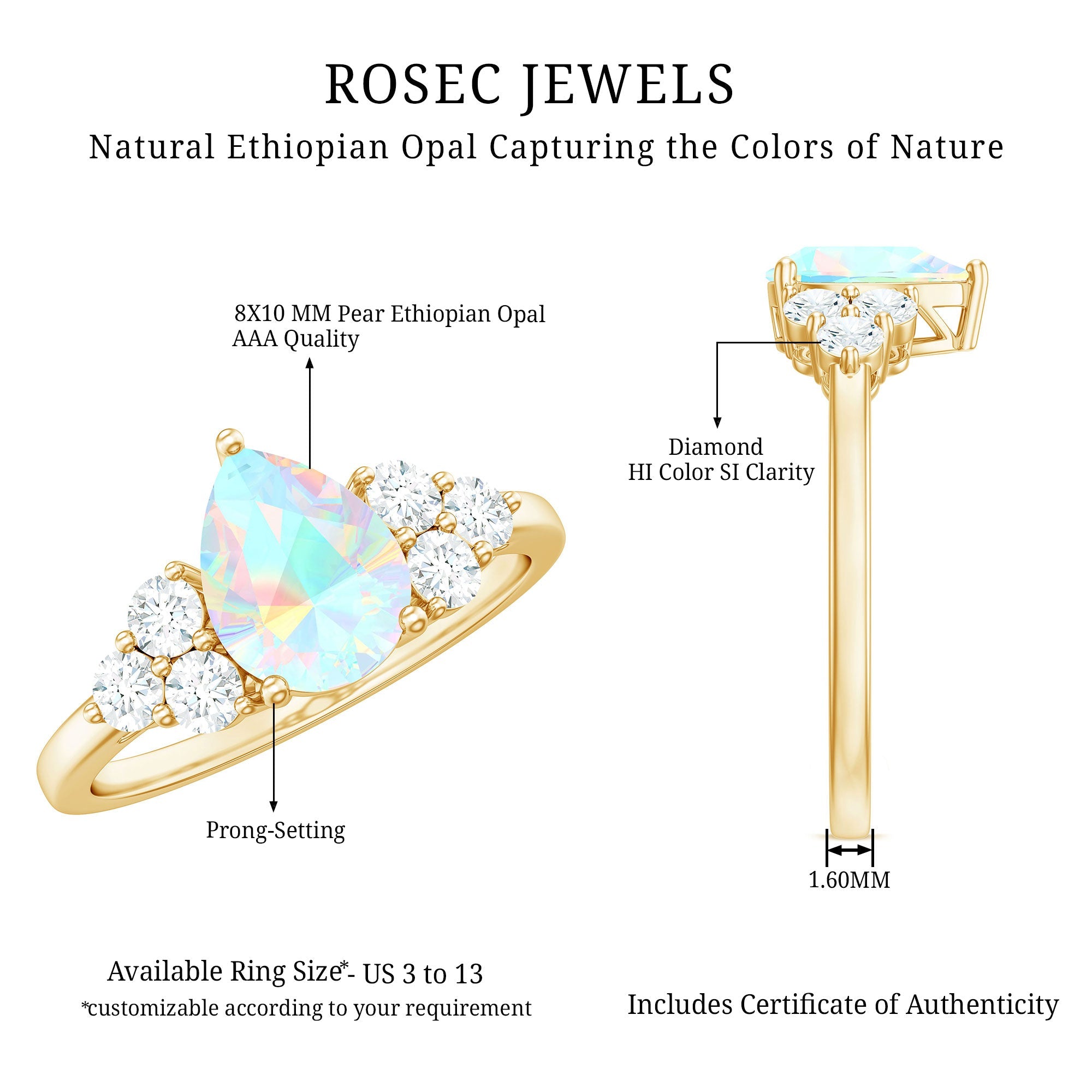 Natural 8X10mm Ethiopian Opal Pear Shaped Engagement Ring with Diamond Trio