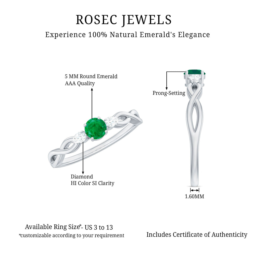 Genuine Emerald and Diamond Promise Ring with Crossover Shank
