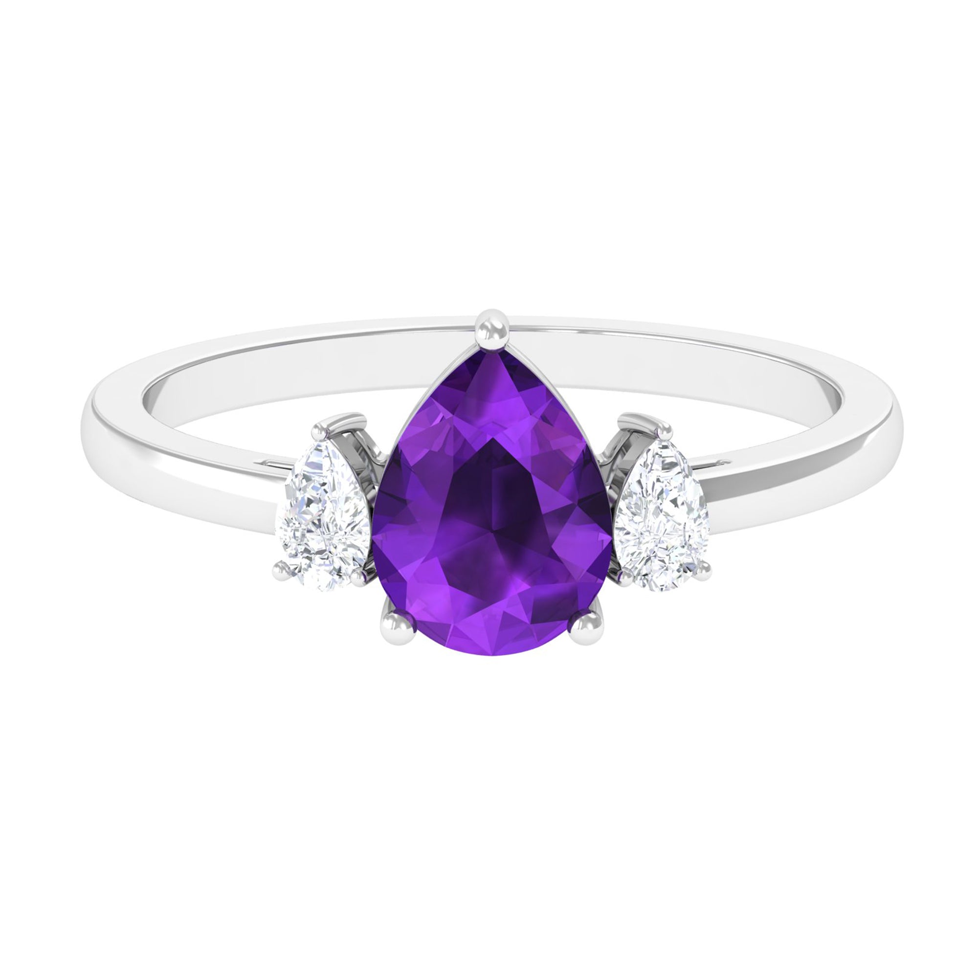 Natural 1 Carat Pear Shape Amethyst and Diamond 3 Stone Engagement Ring