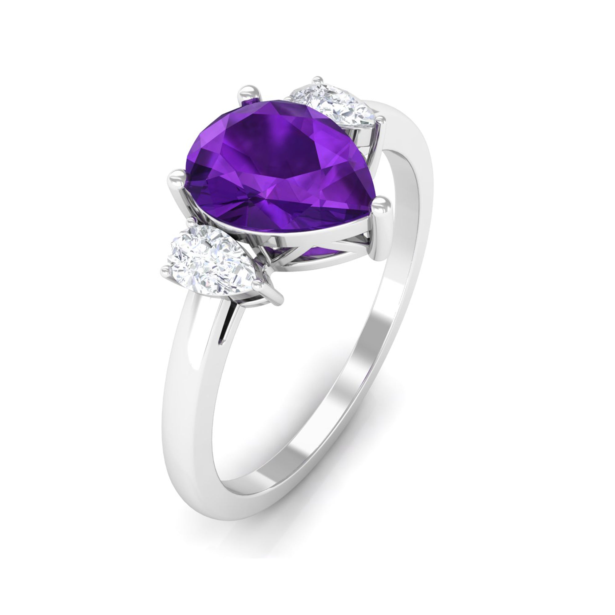 Natural 1 Carat Pear Shape Amethyst and Diamond 3 Stone Engagement Ring