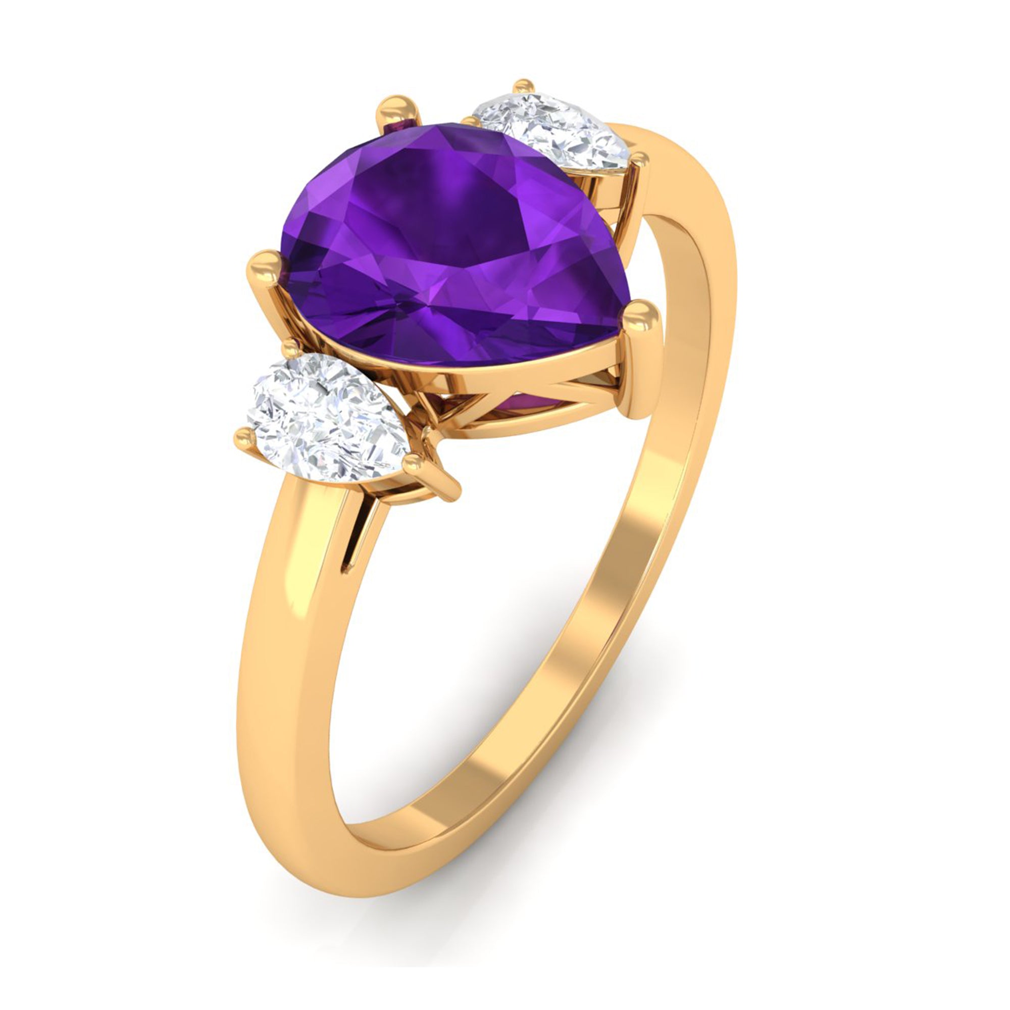 Natural 1 Carat Pear Shape Amethyst and Diamond 3 Stone Engagement Ring