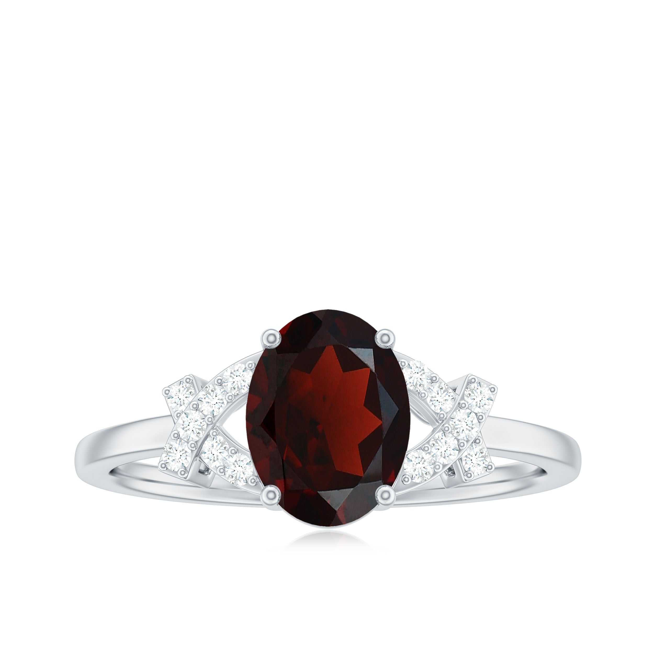 Real 6X8mm Garnet Oval Engagement Ring with Diamond Split Shank
