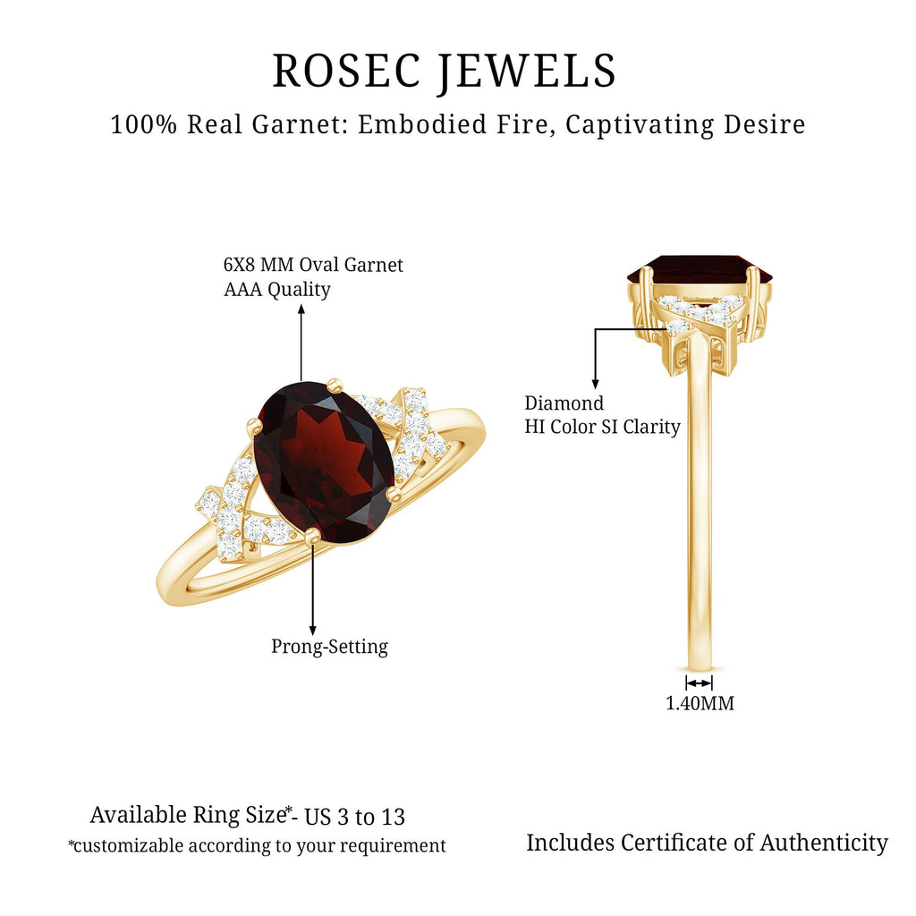 Real 6X8mm Garnet Oval Engagement Ring with Diamond Split Shank