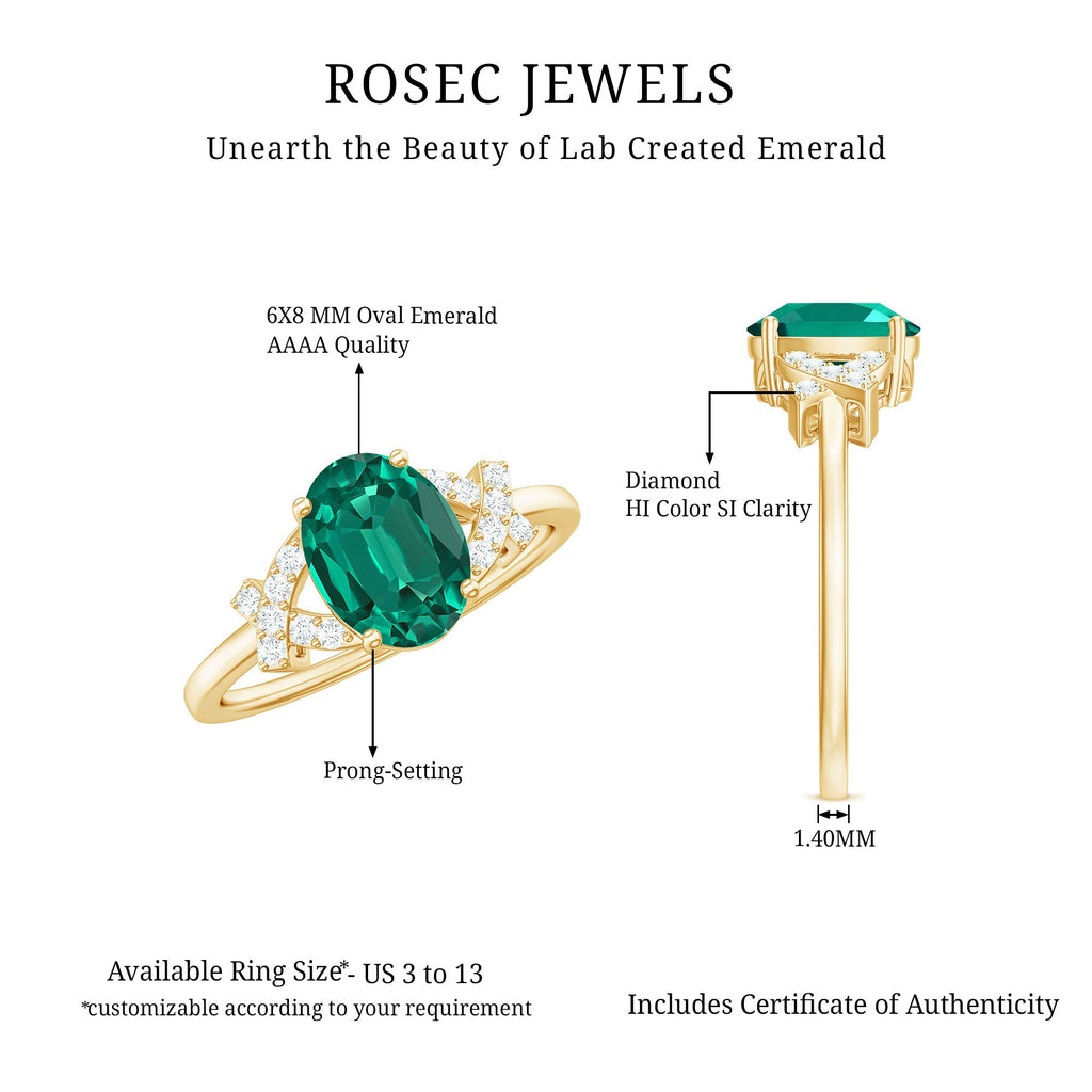 Certified 6X8 mm Lab Grown Emerald Oval Engagement Ring with Diamond