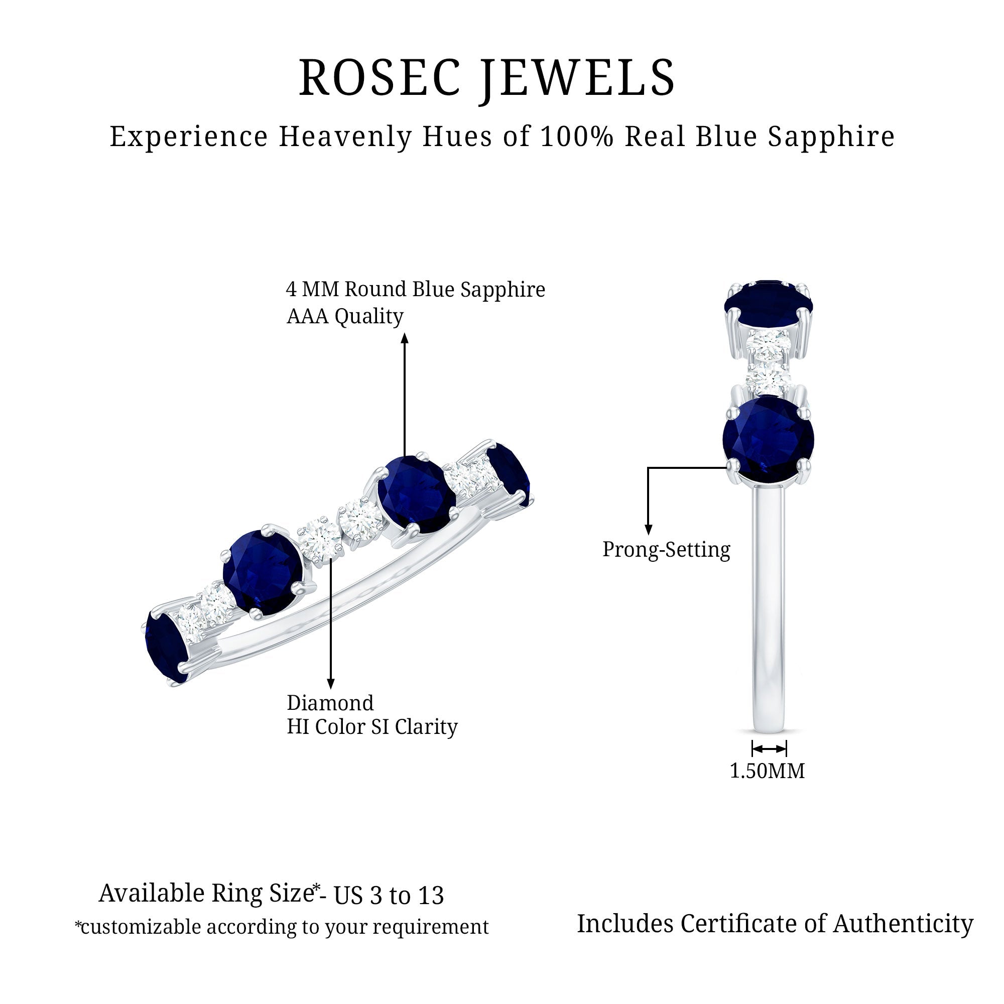 Genuine Blue Sapphire Half Eternity Ring with Diamond