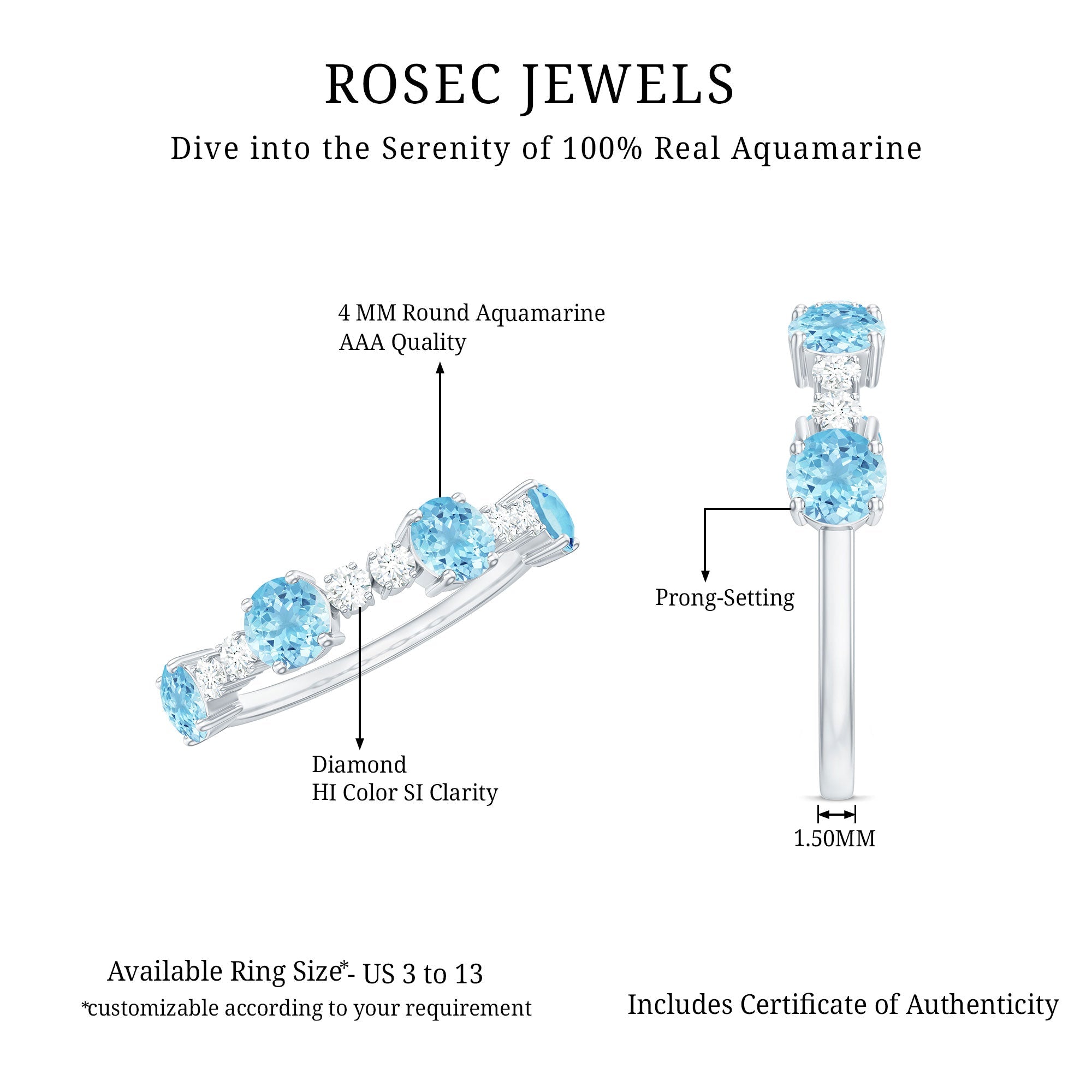 Genuine Aquamarine and Diamond Half Eternity Ring in Prong Setting