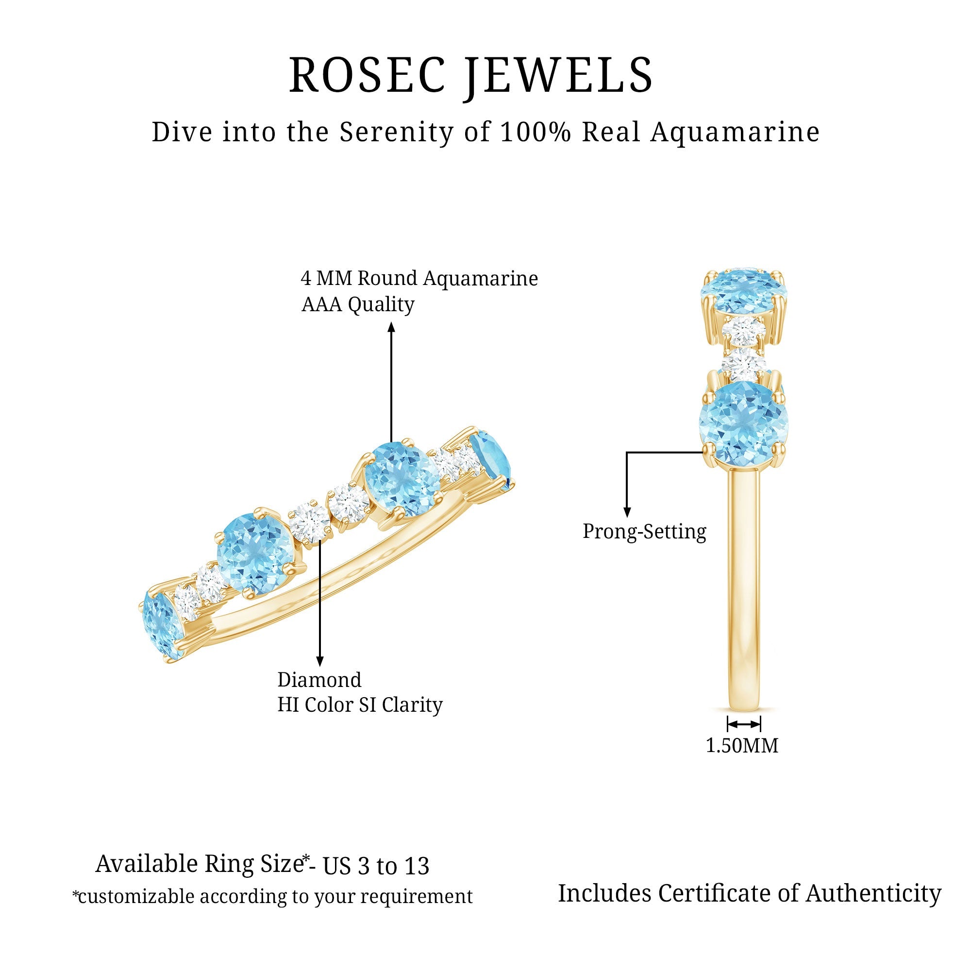 Genuine Aquamarine and Diamond Half Eternity Ring in Prong Setting