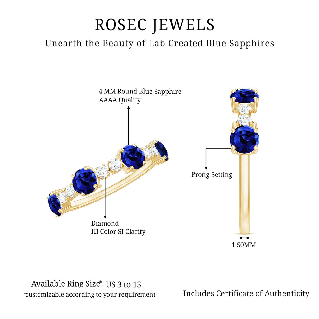 Certified Lab Grown Blue Sapphire Half Eternity Anniversary Ring with Diamond