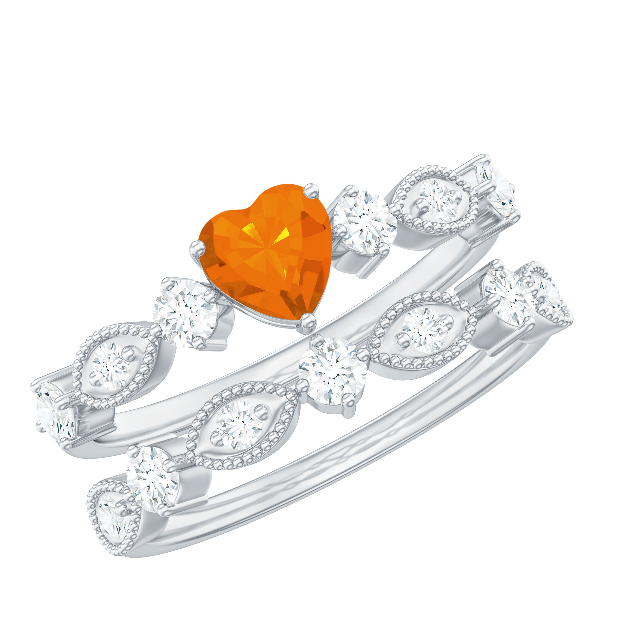 Vintage Inspired Fire Opal and Diamond Wedding Ring Set