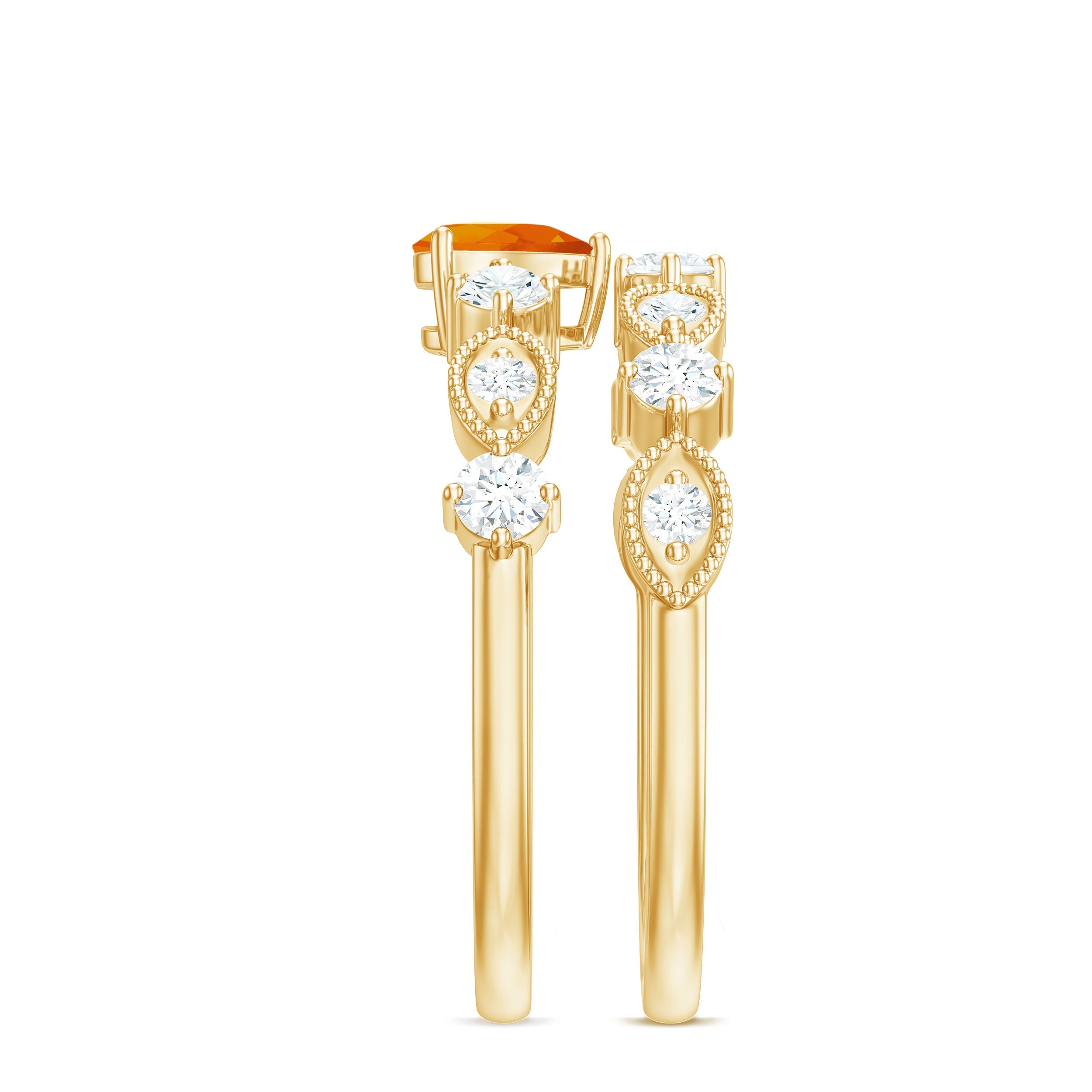 Vintage Inspired Fire Opal and Diamond Wedding Ring Set
