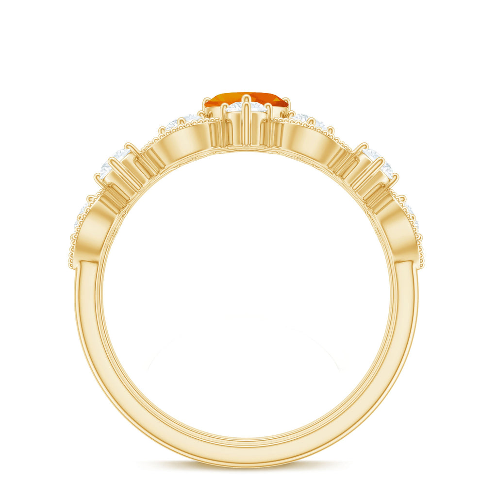 Vintage Inspired Fire Opal and Diamond Wedding Ring Set