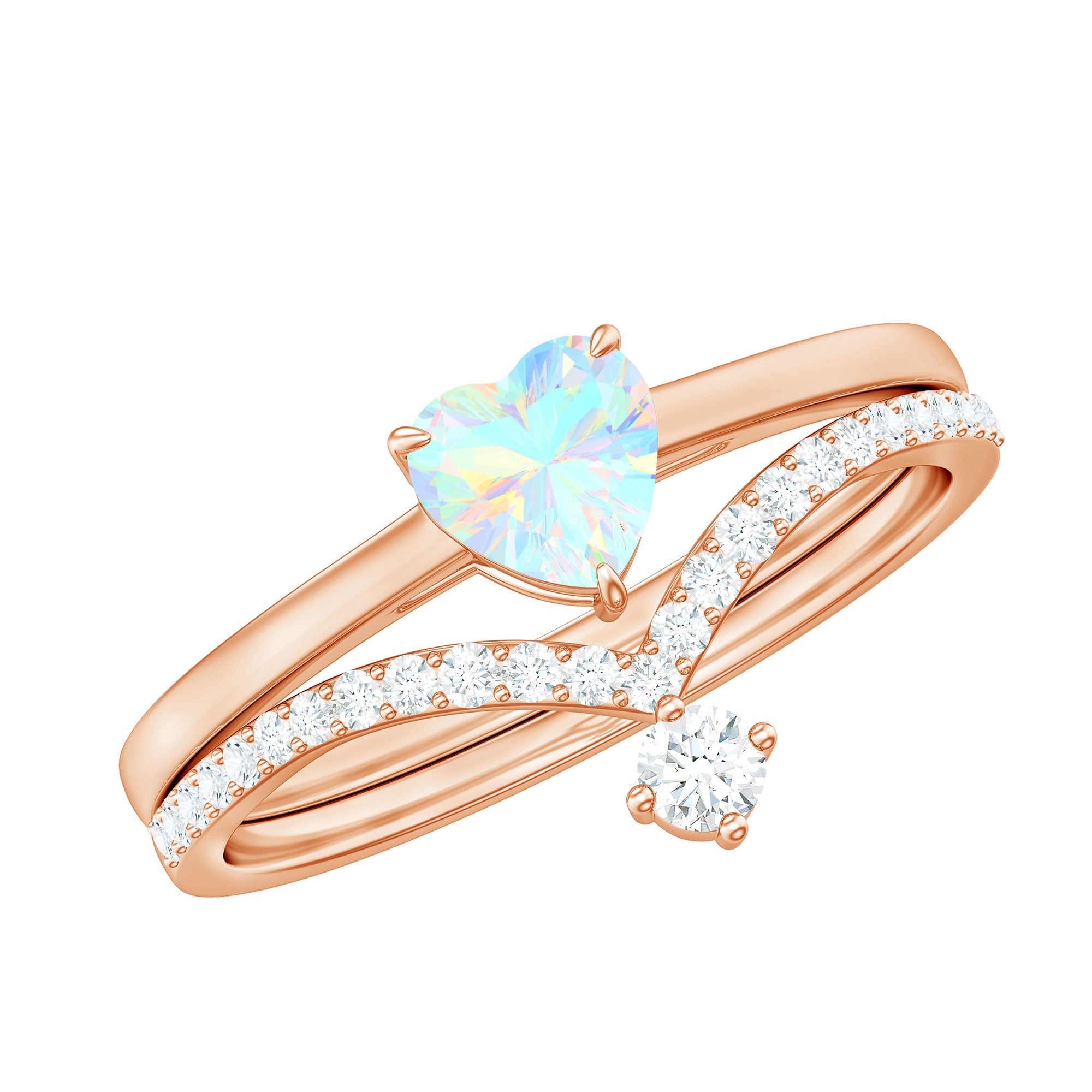 0.7 Carat Heart Ethiopian Opal Wedding Ring Set with Diamond