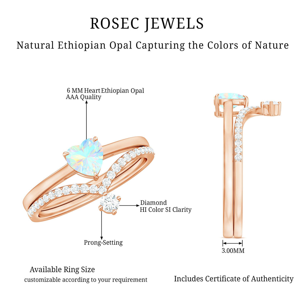 0.7 Carat Heart Ethiopian Opal Wedding Ring Set with Diamond