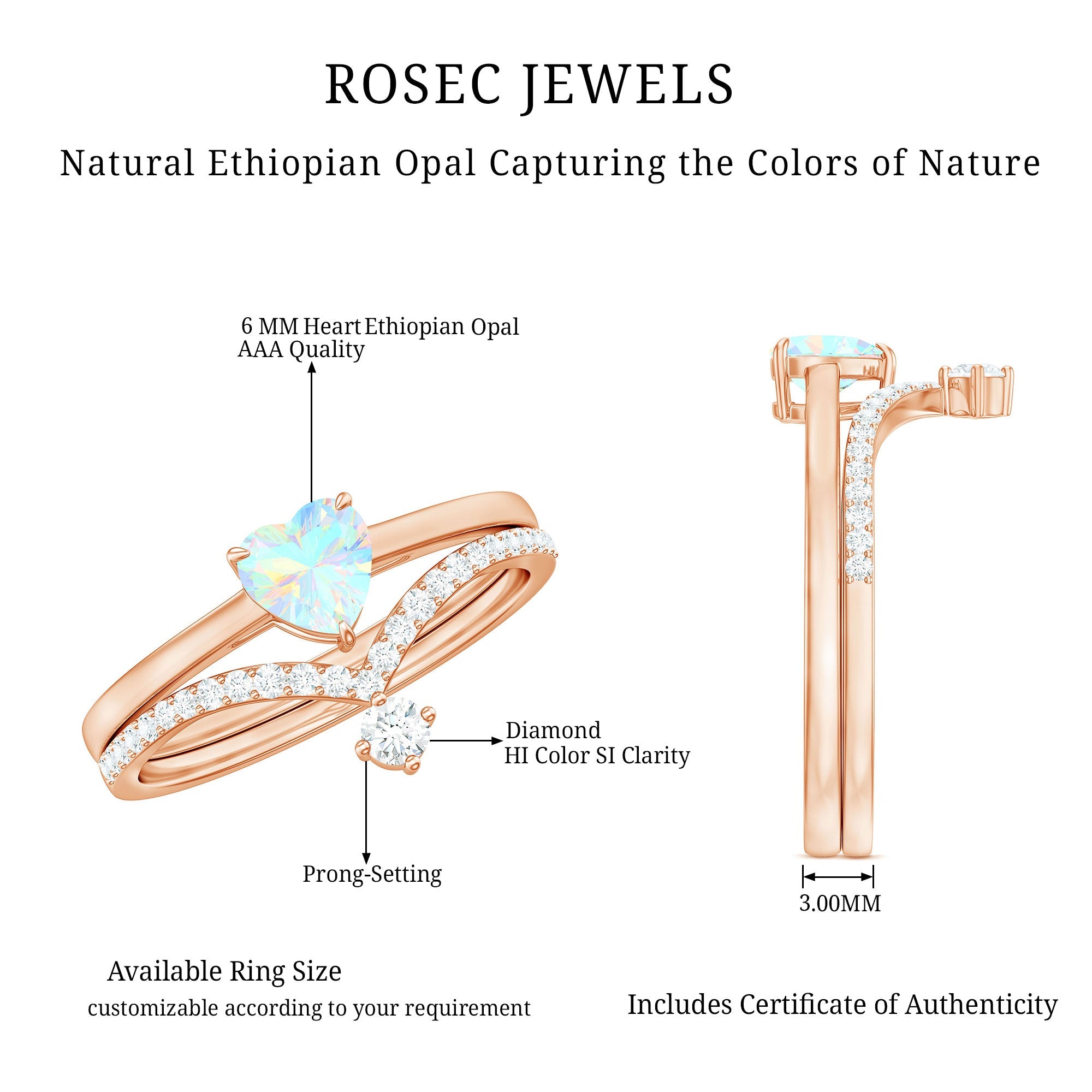 0.7 Carat Heart Ethiopian Opal Wedding Ring Set with Diamond