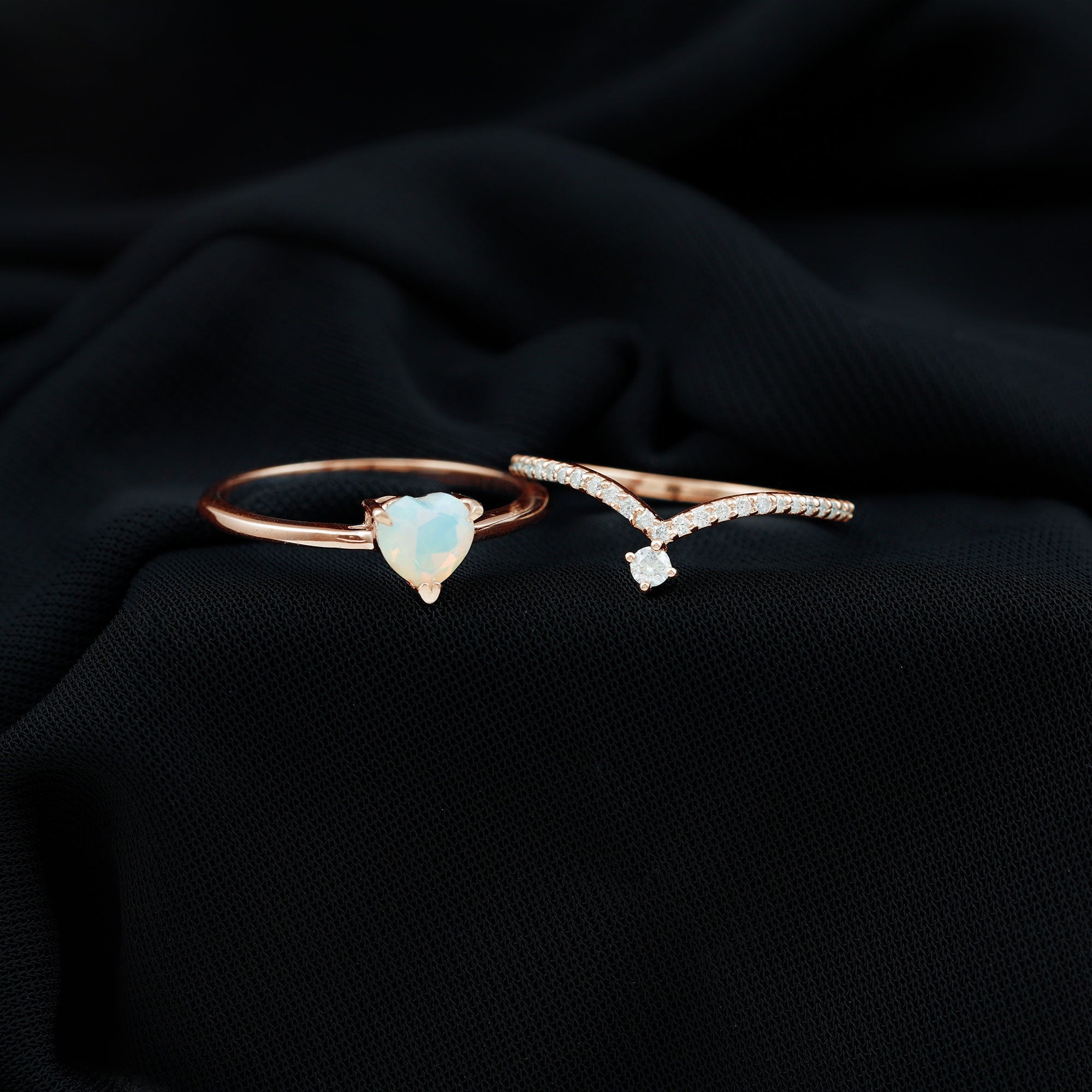 0.7 Carat Heart Ethiopian Opal Wedding Ring Set with Diamond