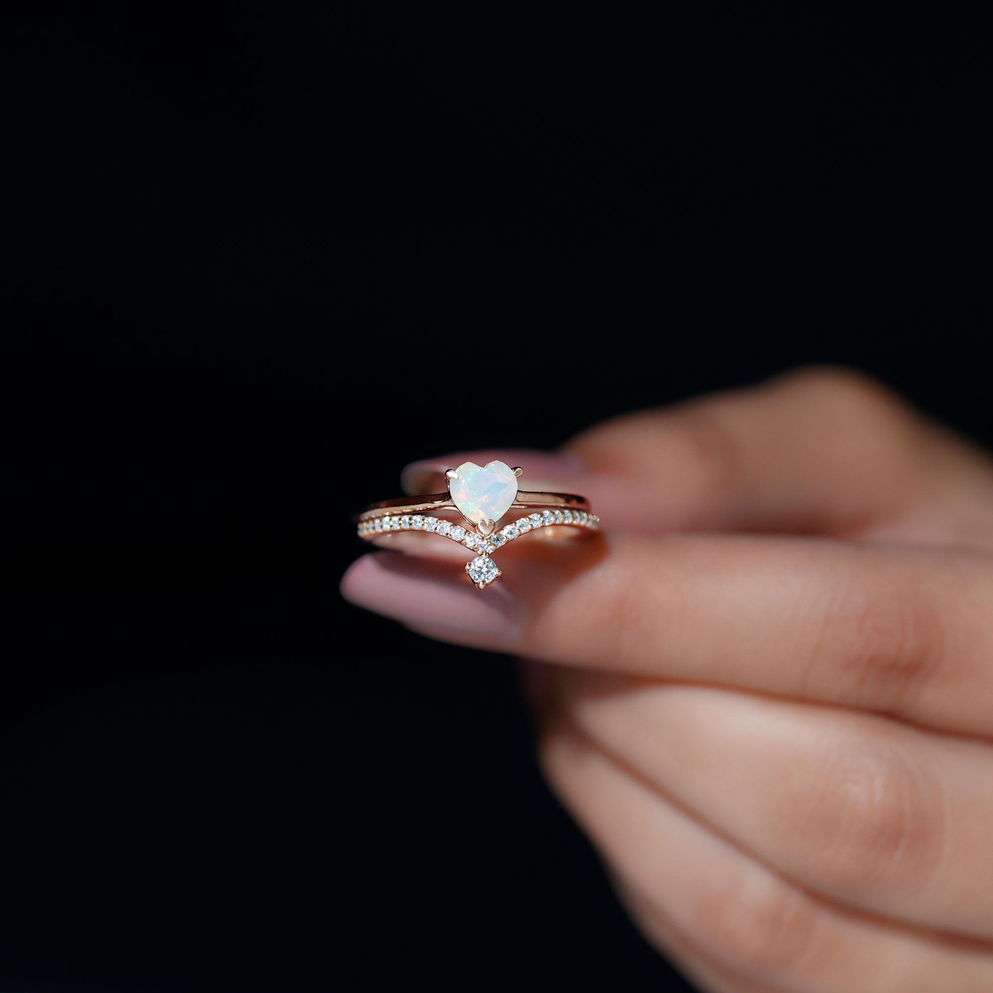 0.7 Carat Heart Ethiopian Opal Wedding Ring Set with Diamond