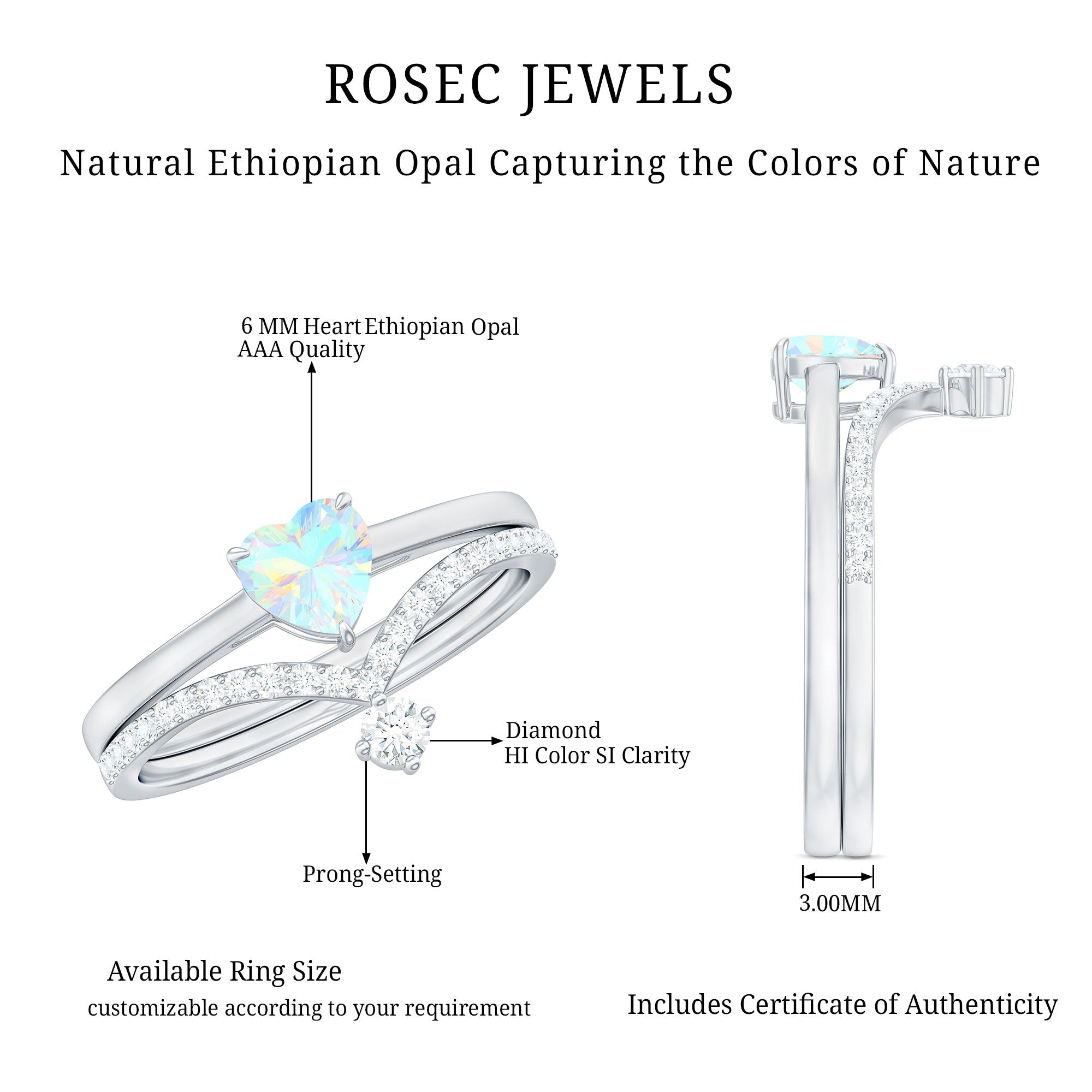 0.7 Carat Heart Ethiopian Opal Wedding Ring Set with Diamond