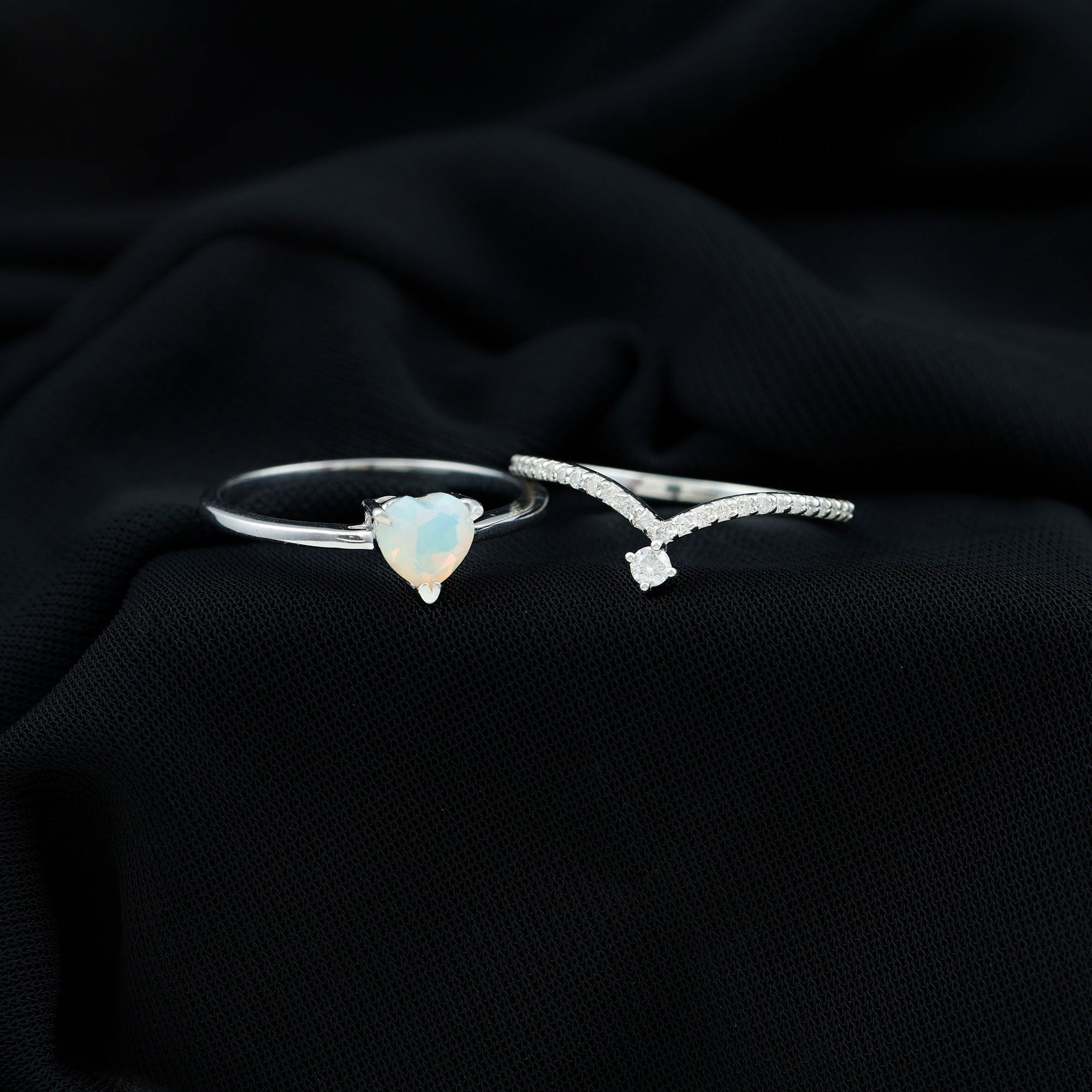 0.7 Carat Heart Ethiopian Opal Wedding Ring Set with Diamond