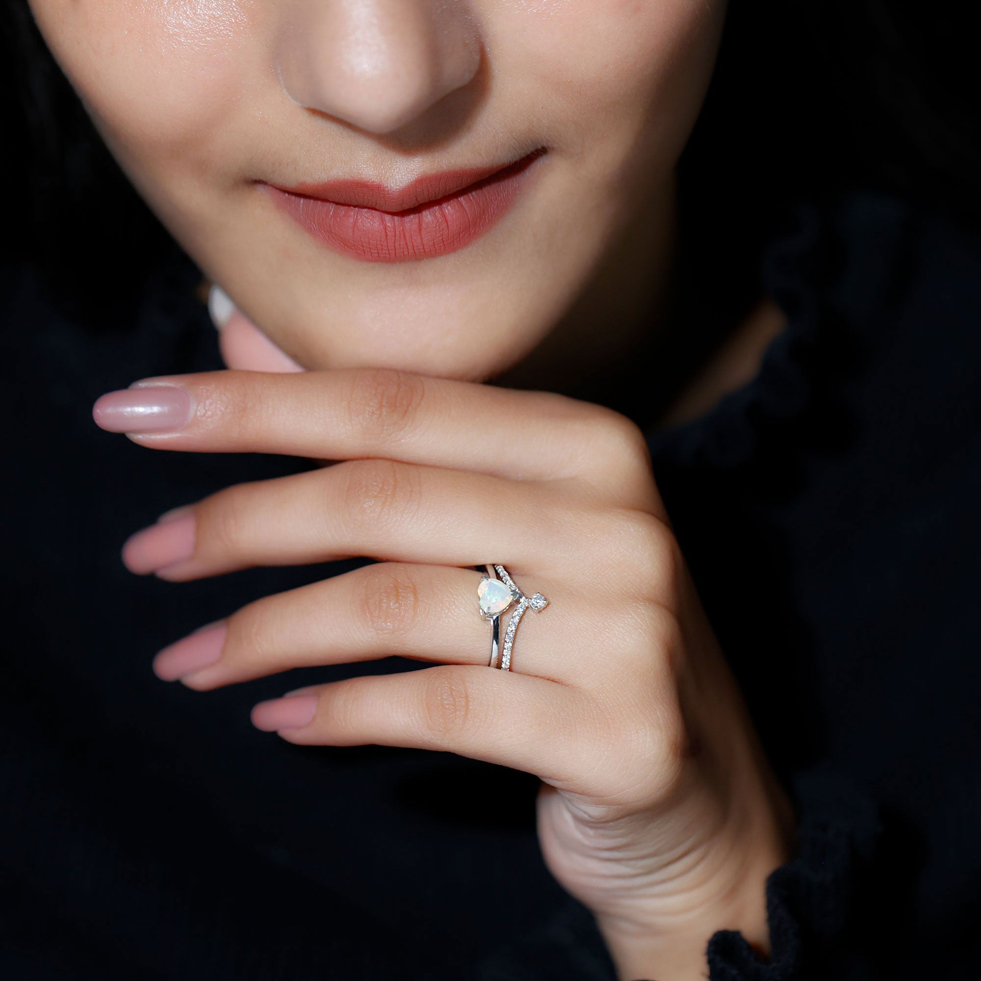 0.7 Carat Heart Ethiopian Opal Wedding Ring Set with Diamond