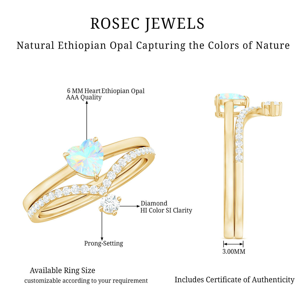 0.7 Carat Heart Ethiopian Opal Wedding Ring Set with Diamond
