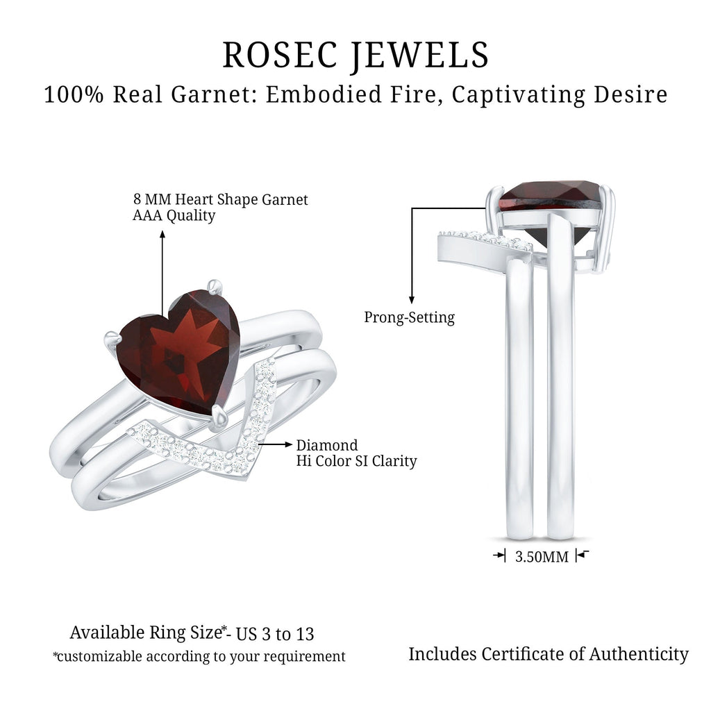 Real 8mm Garnet Diamond Heart Shaped Wedding Engagement Ring Set of 2