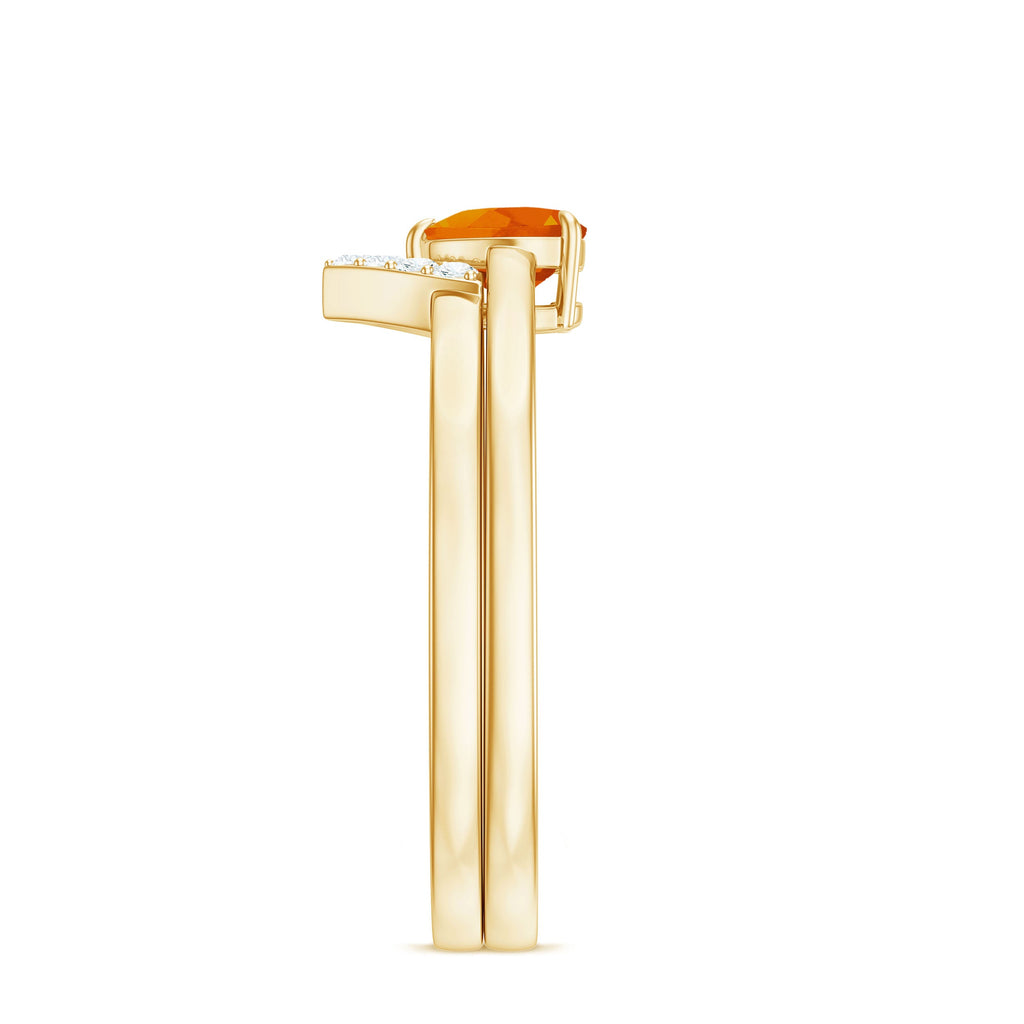 Natural Fire Opal Heart Solitaire Ring Set with Diamond Band