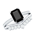 Emerald Cut Created Black Diamond and Diamond Engagement Ring Set