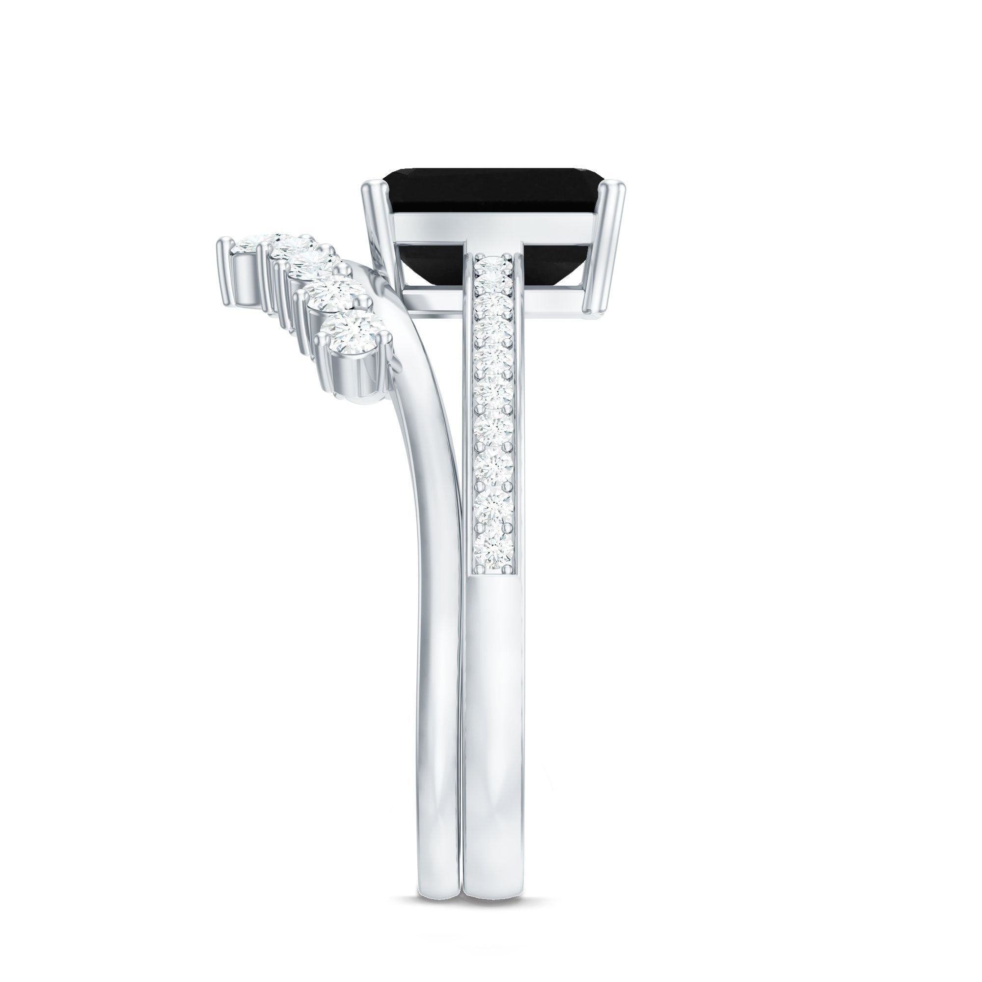 Emerald Cut Created Black Diamond and Diamond Engagement Ring Set