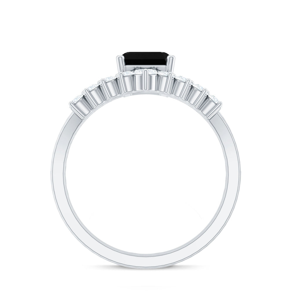 Emerald Cut Created Black Diamond and Diamond Engagement Ring Set