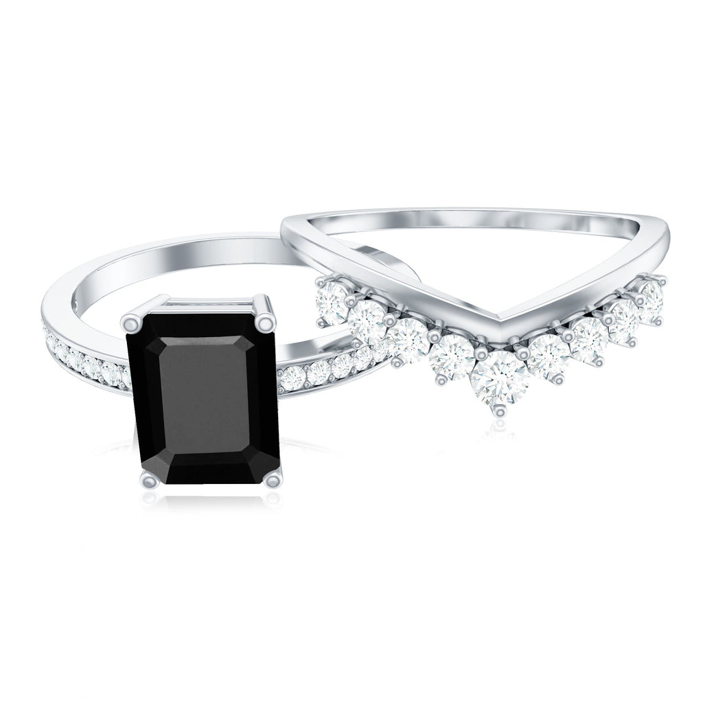 Emerald Cut Created Black Diamond and Diamond Engagement Ring Set