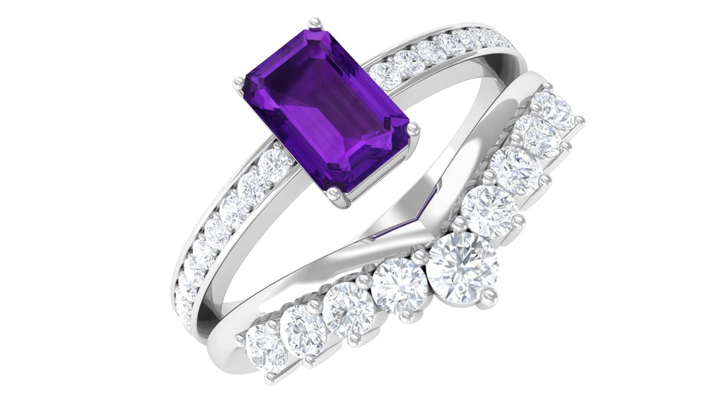 1.4 Carat Emerald Cut Amethyst Diamond Wedding Bridal Ring Set