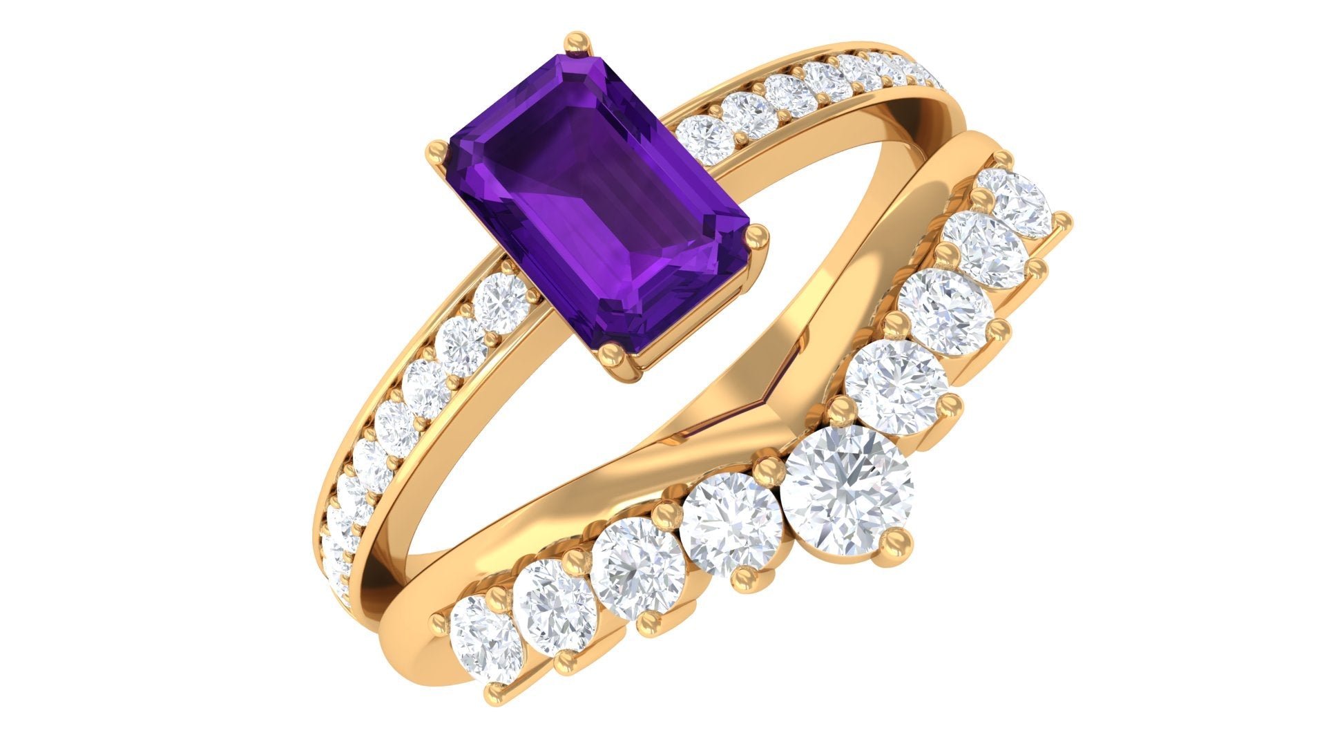 1.4 Carat Emerald Cut Amethyst Diamond Wedding Bridal Ring Set