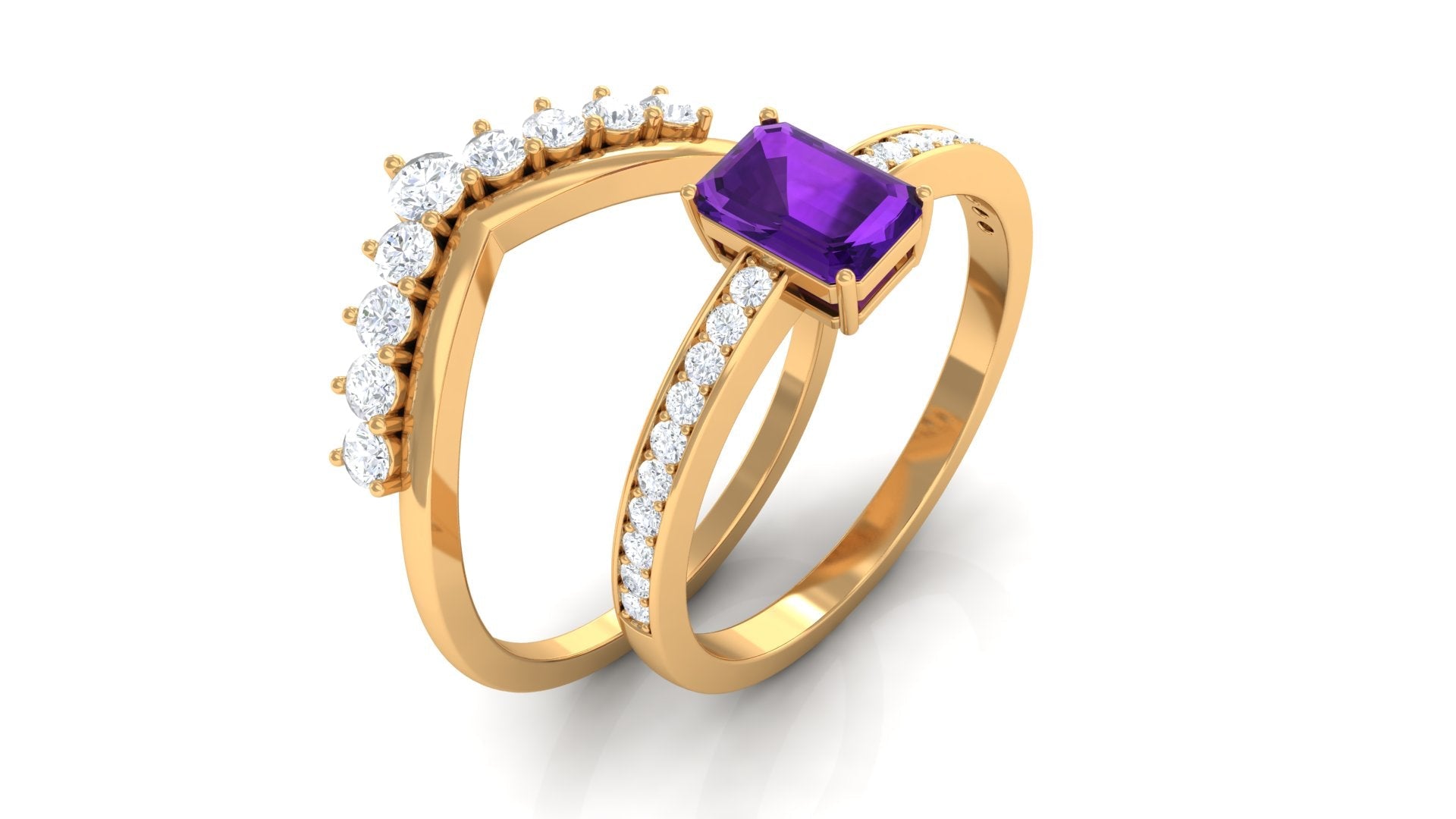 1.4 Carat Emerald Cut Amethyst Diamond Wedding Bridal Ring Set