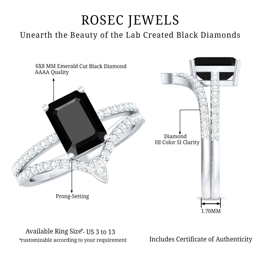 1.6 Carat Emerald Cut Lab Grown Black and White Diamond Wedding Ring Set for Women