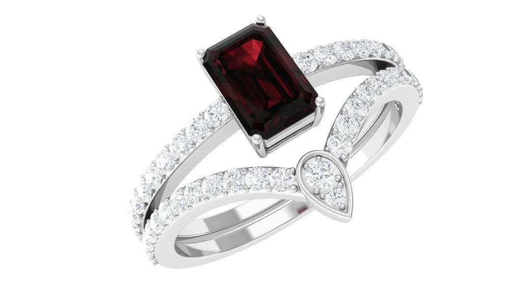 Real Garnet Diamond Emerald Cut Wedding Bridal Ring Set of 2