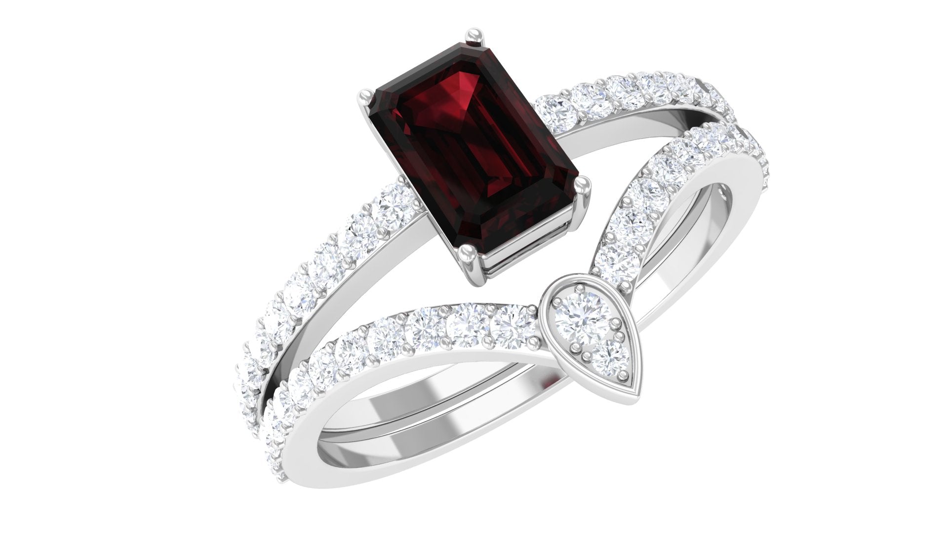 Real Garnet Diamond Emerald Cut Wedding Bridal Ring Set of 2