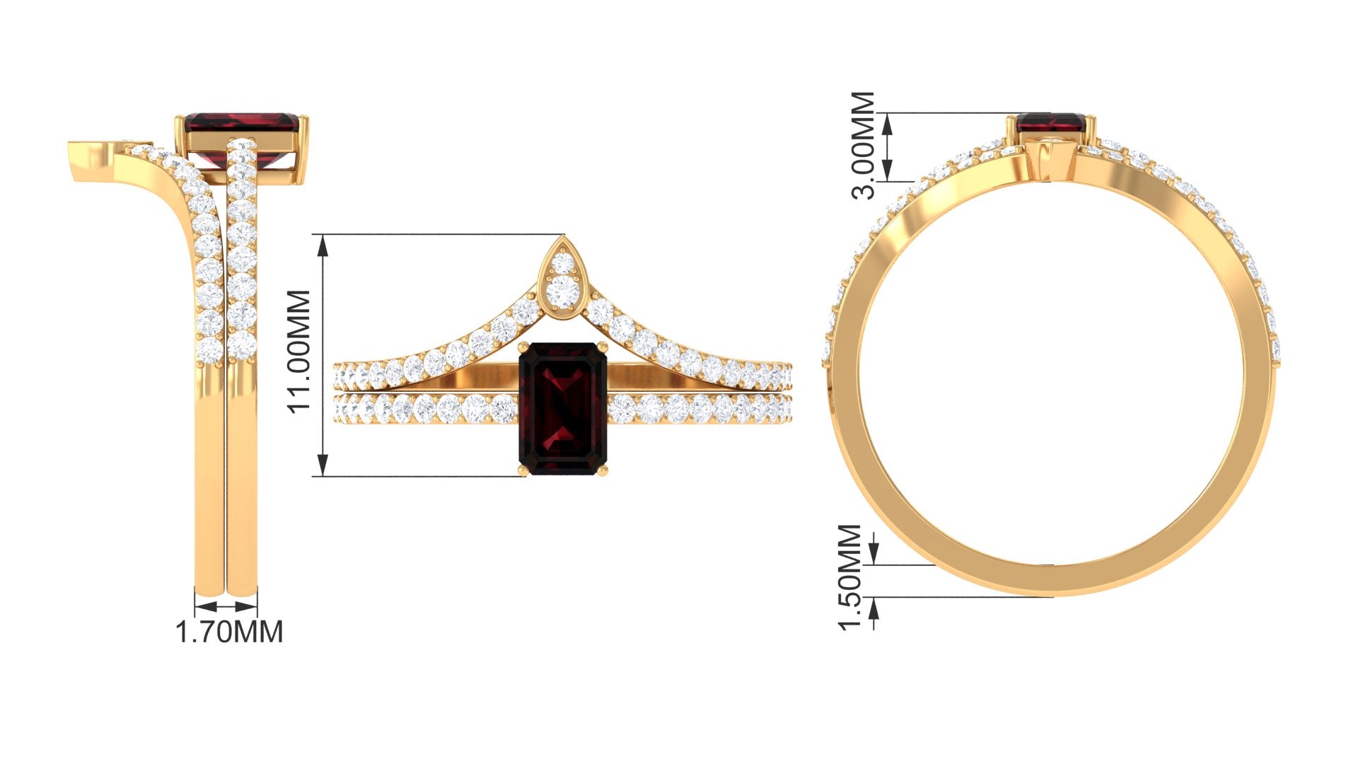 Real Garnet Diamond Emerald Cut Wedding Bridal Ring Set of 2