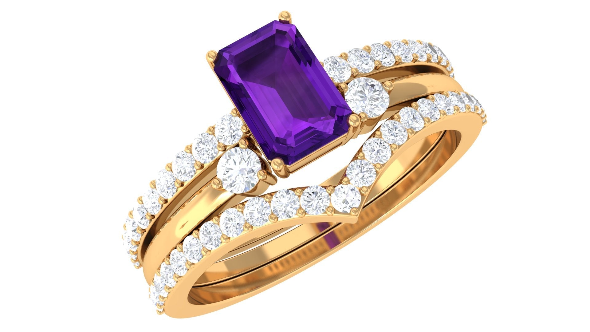 Natural 1.4 Carat Emerald Cut Amethyst Diamond 3 Piece Bridal Ring Set