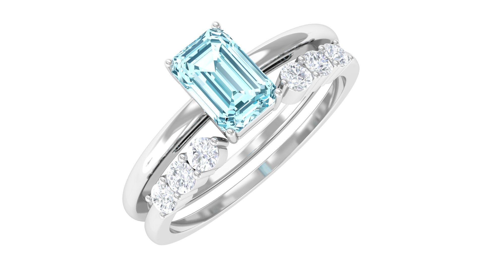 Solitaire 4X6MM Aquamarine and Diamond Emerald Cut Stackable Ring Set