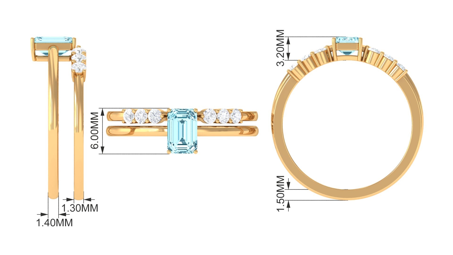 Solitaire 4X6MM Aquamarine and Diamond Emerald Cut Stackable Ring Set