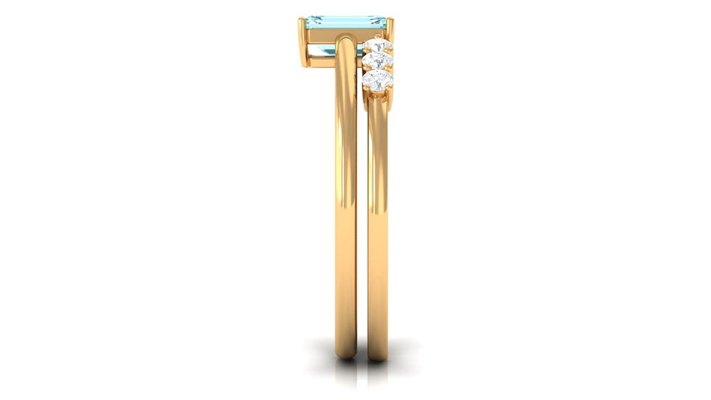 Solitaire 4X6MM Aquamarine and Diamond Emerald Cut Stackable Ring Set