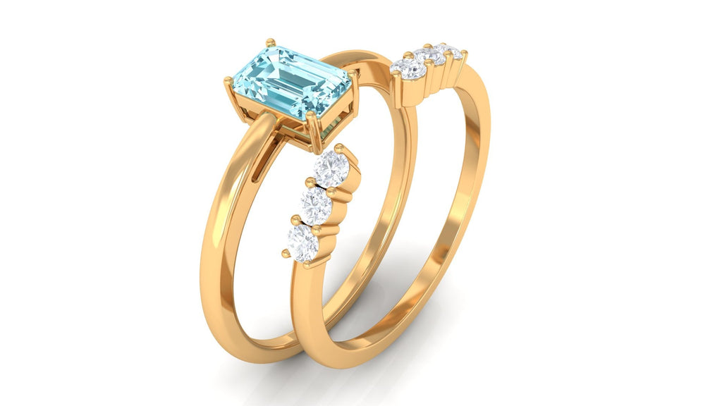 Solitaire 4X6MM Aquamarine and Diamond Emerald Cut Stackable Ring Set