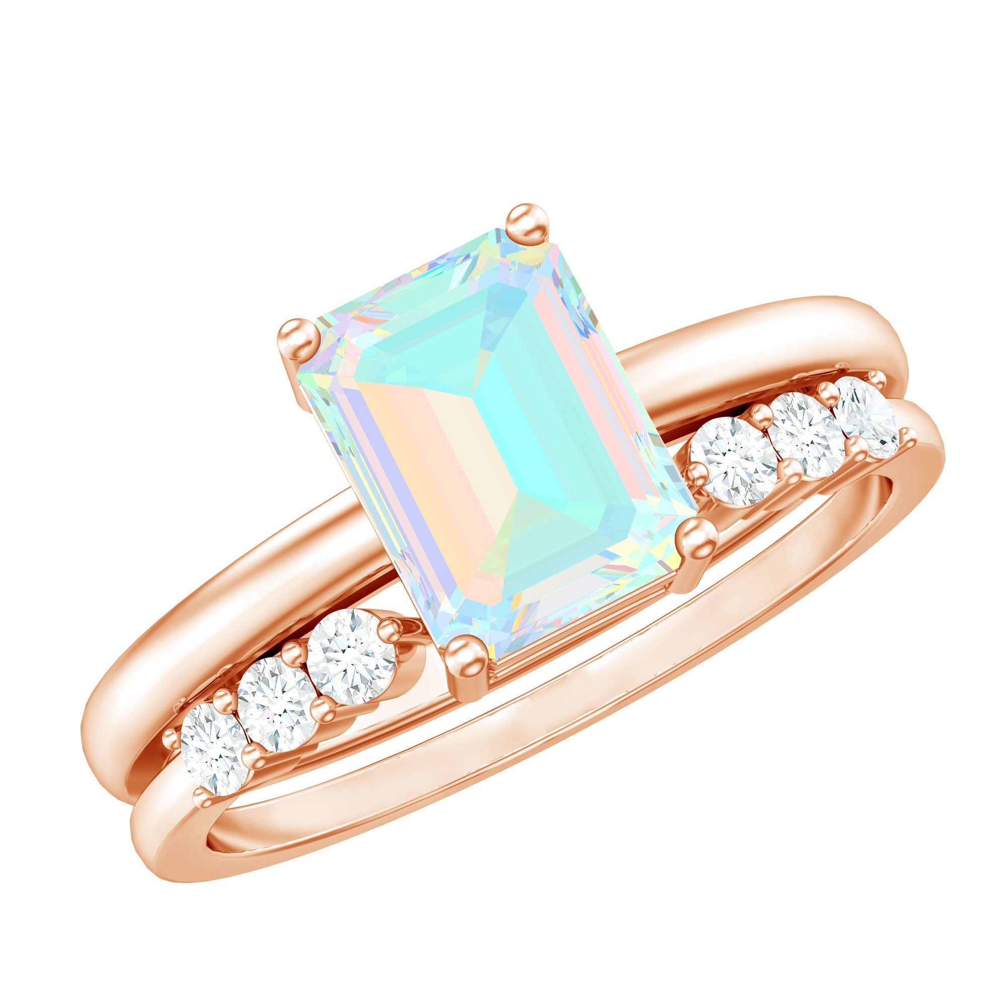 6x8mm Emerald Cut Ethiopian Opal Solitaire Ring Set with Diamond Enhancer
