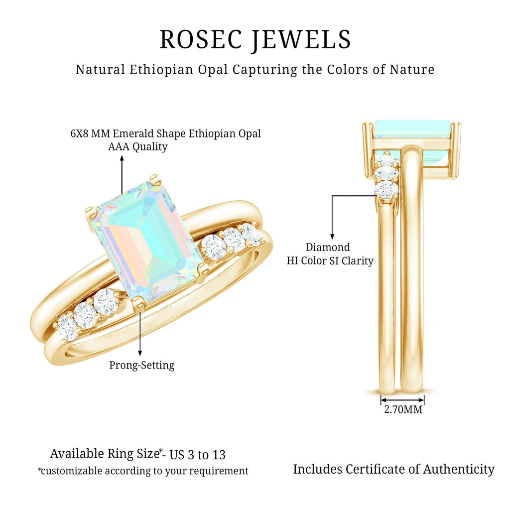 6x8mm Emerald Cut Ethiopian Opal Solitaire Ring Set with Diamond Enhancer