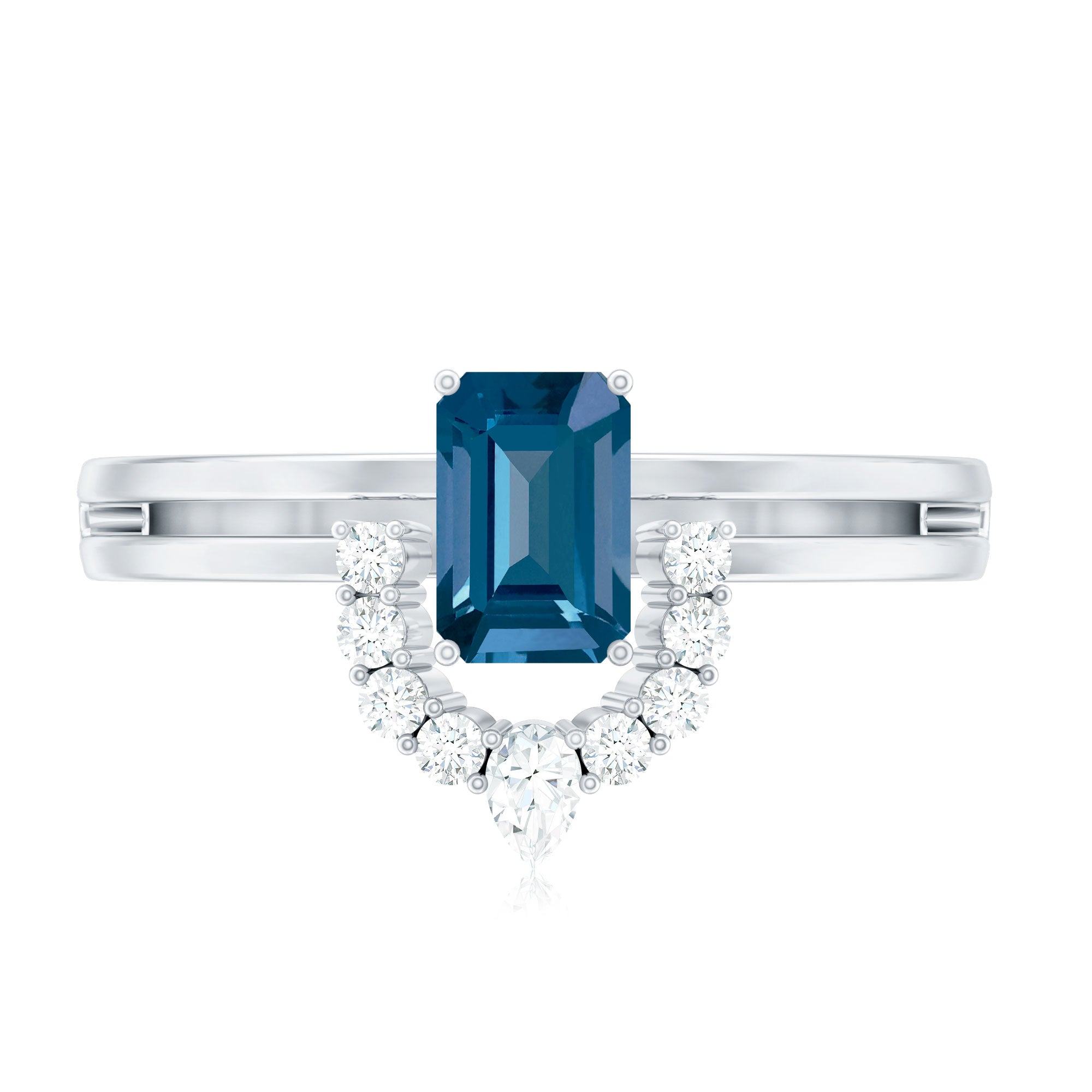 Emerald Cut London Blue Topaz Double Band Engagement Ring with Diamond