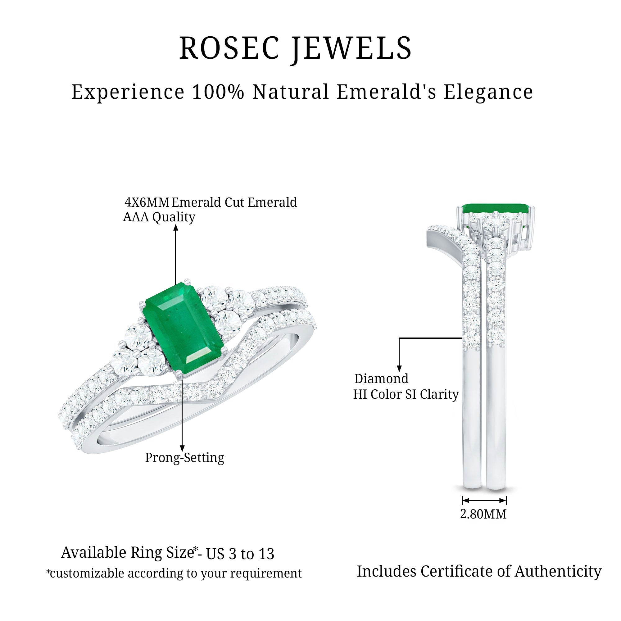 Genuine Emerald Cut Emerald Diamond Bridal Ring Set of 2
