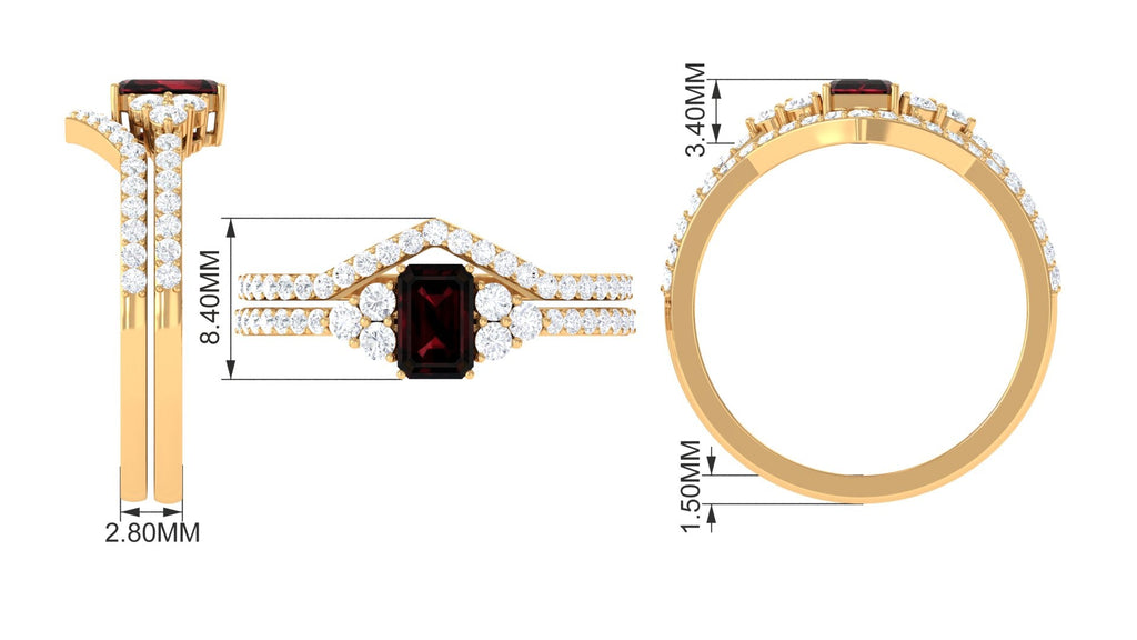 Natural Garnet Diamond Emerald Cut Engagement Wedding Ring Set